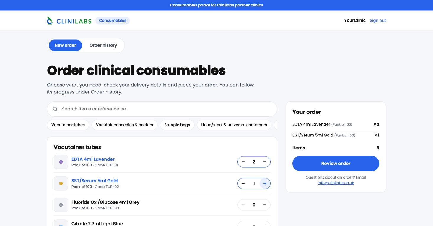 Choosing items: search, categories, quantities, and your order summary on the right