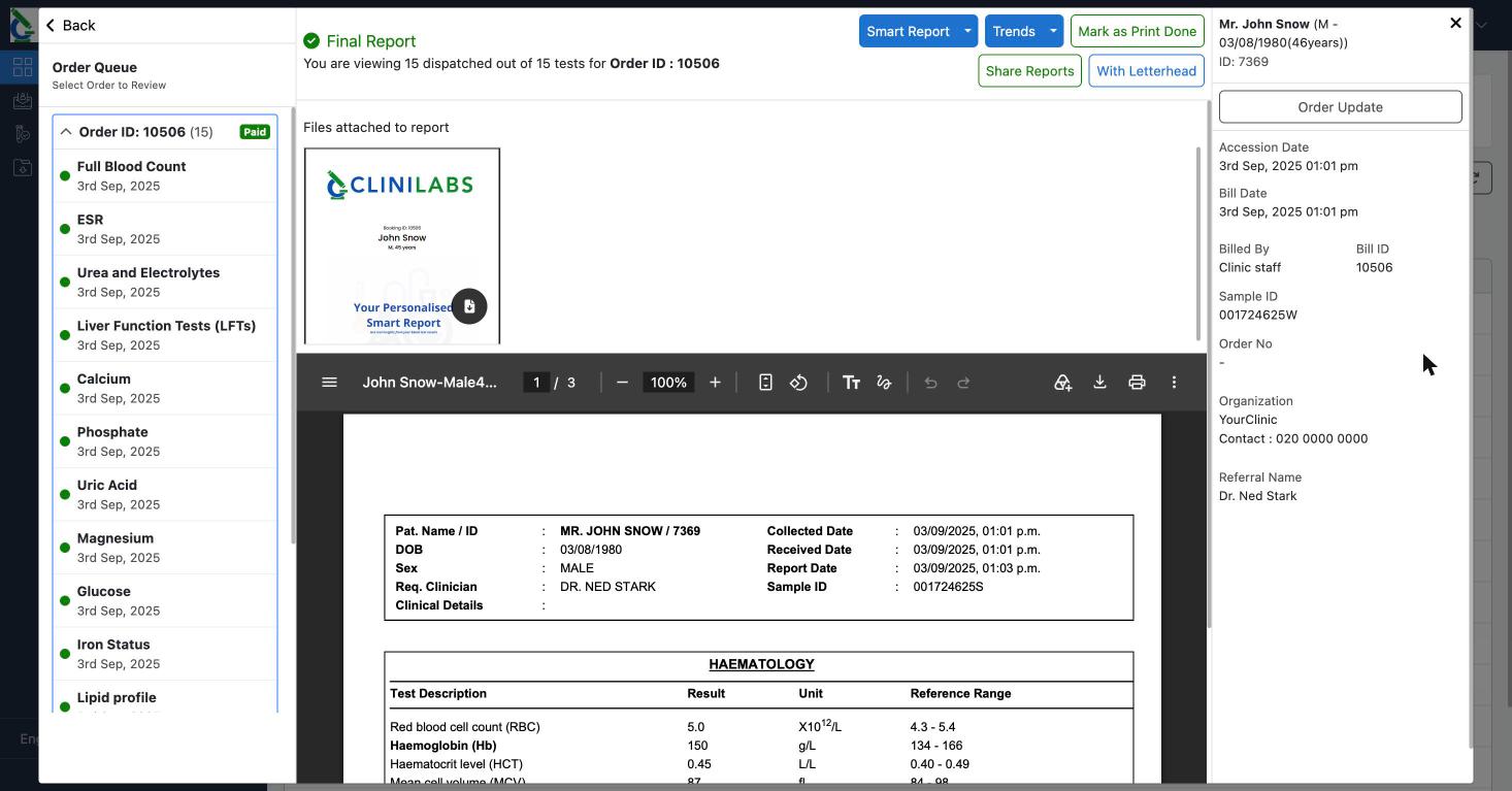 A report open in the portal: tests on the left, the PDF in the middle with download and print buttons