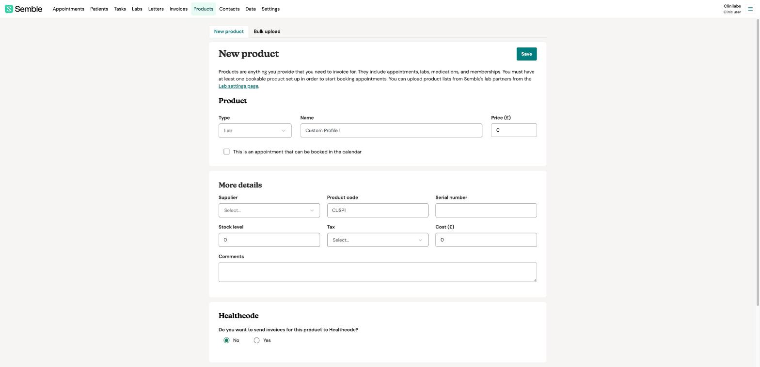 Semble's New product form: Type set to Lab, the name Custom Profile 1, the price, and the Clinilabs code CUSP1 as the Product code